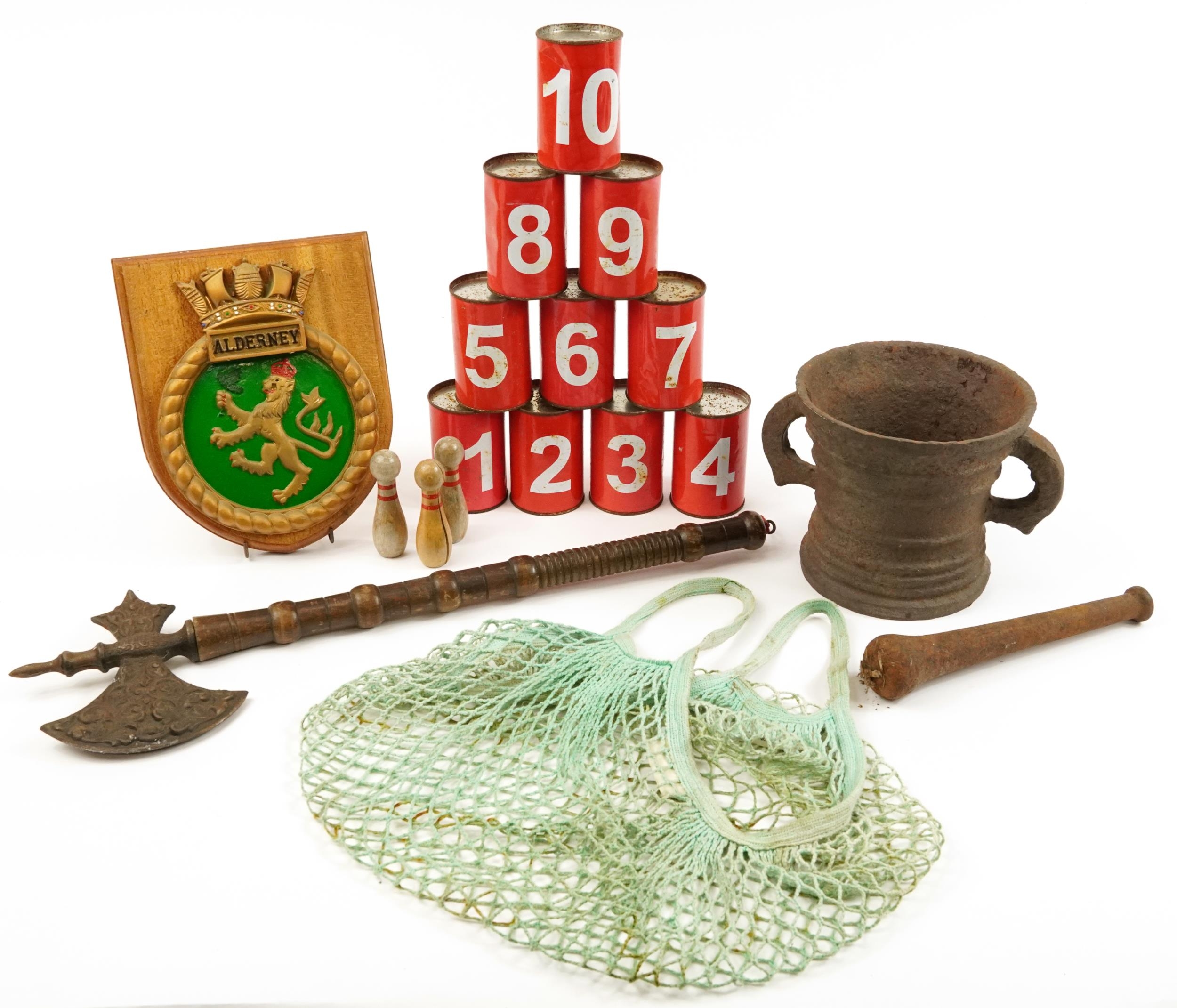 Sundry items comprising medieval style axe, pestle and mortar, Alderney Shipping plaque and skittles - Image 2 of 4