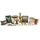 Metalware and sundry items including African beadwork tribal stool, Art Nouveau embossed copper pipe