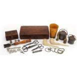 Victorian and later objects and sundry items including an antique chisel with carved fruit wood