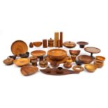 Collection of vintage and later turned and carved wood objects including Scandinavian design teak