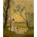 Two females beside a lake, late 19th/early 20th century French school oil on canvas, chalk marks