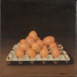 Balaguer - Still life eggs in a carton, oil on canvas, Halcyon Gallery, London label and details