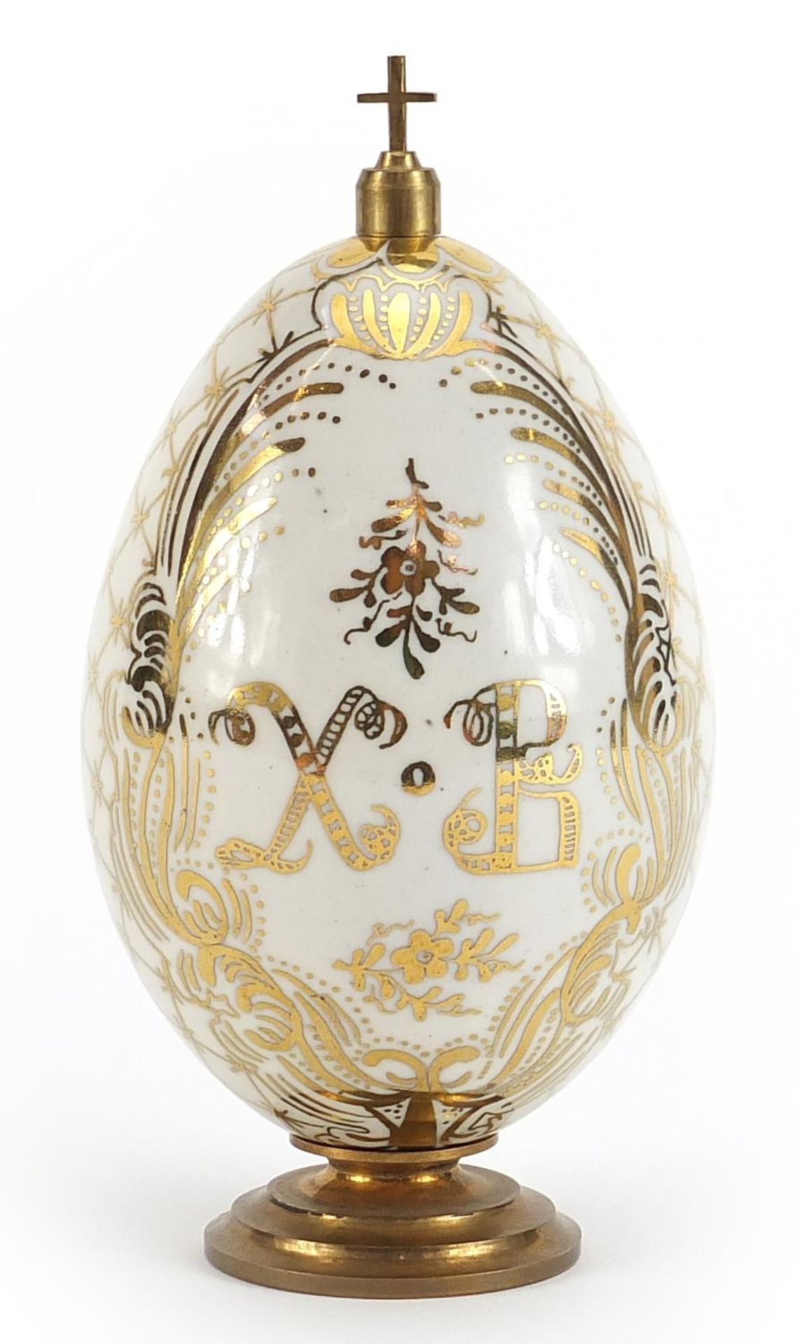 Antique Russian porcelain Easter egg on metal stand with cross, the egg hand painted with panels - Image 2 of 3
