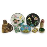 Chinese sundry items including cloisonne bun box and cover, pair of cloisonne dishes, carved