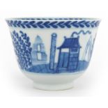 Chinese blue and white porcelain tea bowl finely hand painted with kilns, quail and fish, Kangxi