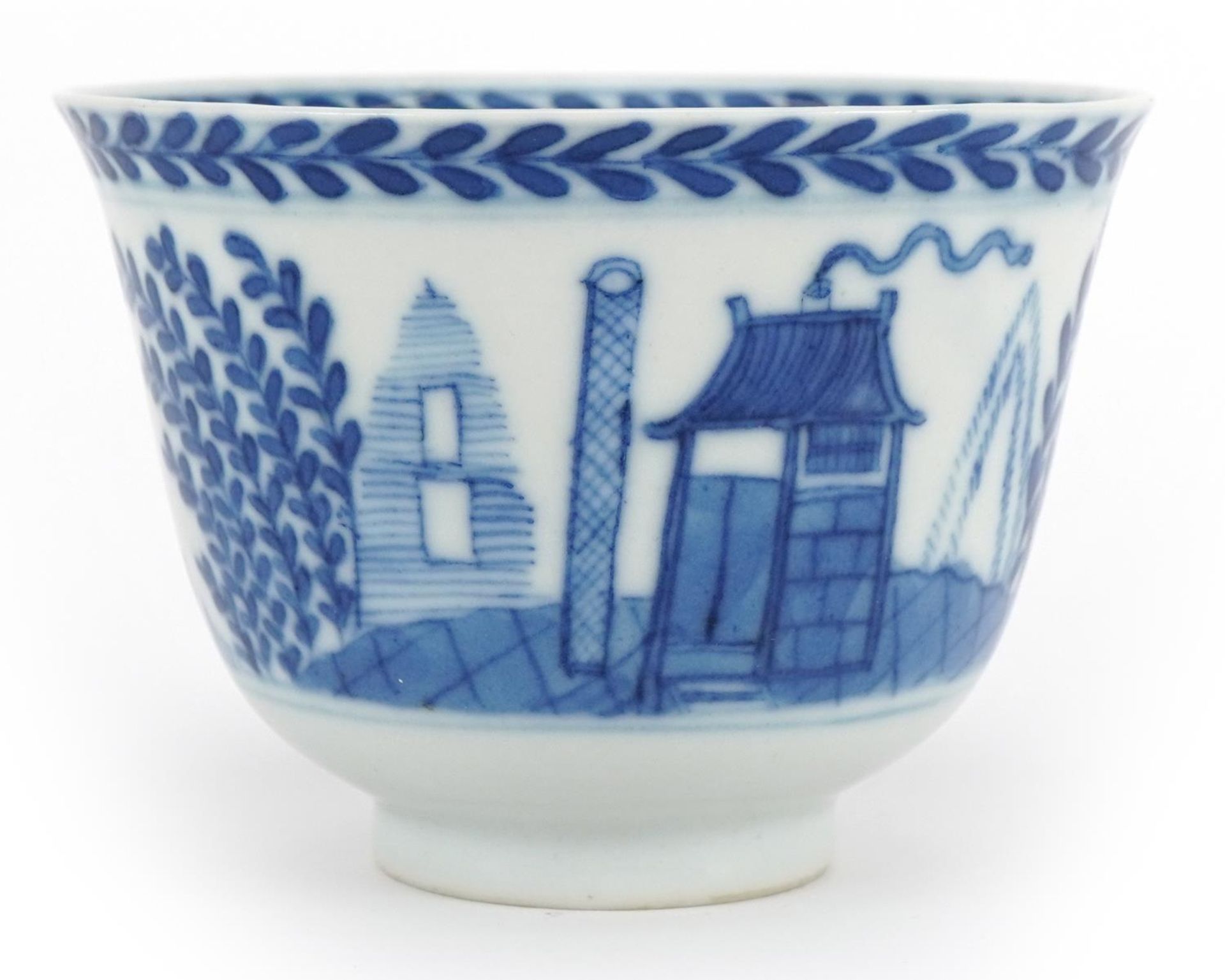 Chinese blue and white porcelain tea bowl finely hand painted with kilns, quail and fish, Kangxi