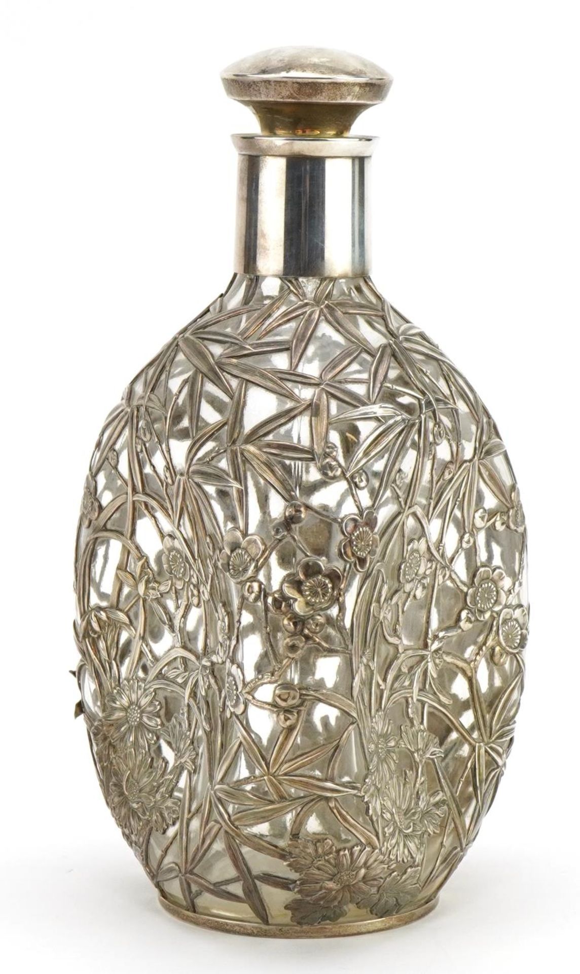 Chinese 950 silver overlaid glass decanter, pierced and embossed with bamboo grove, 22cm high - Image 2 of 4