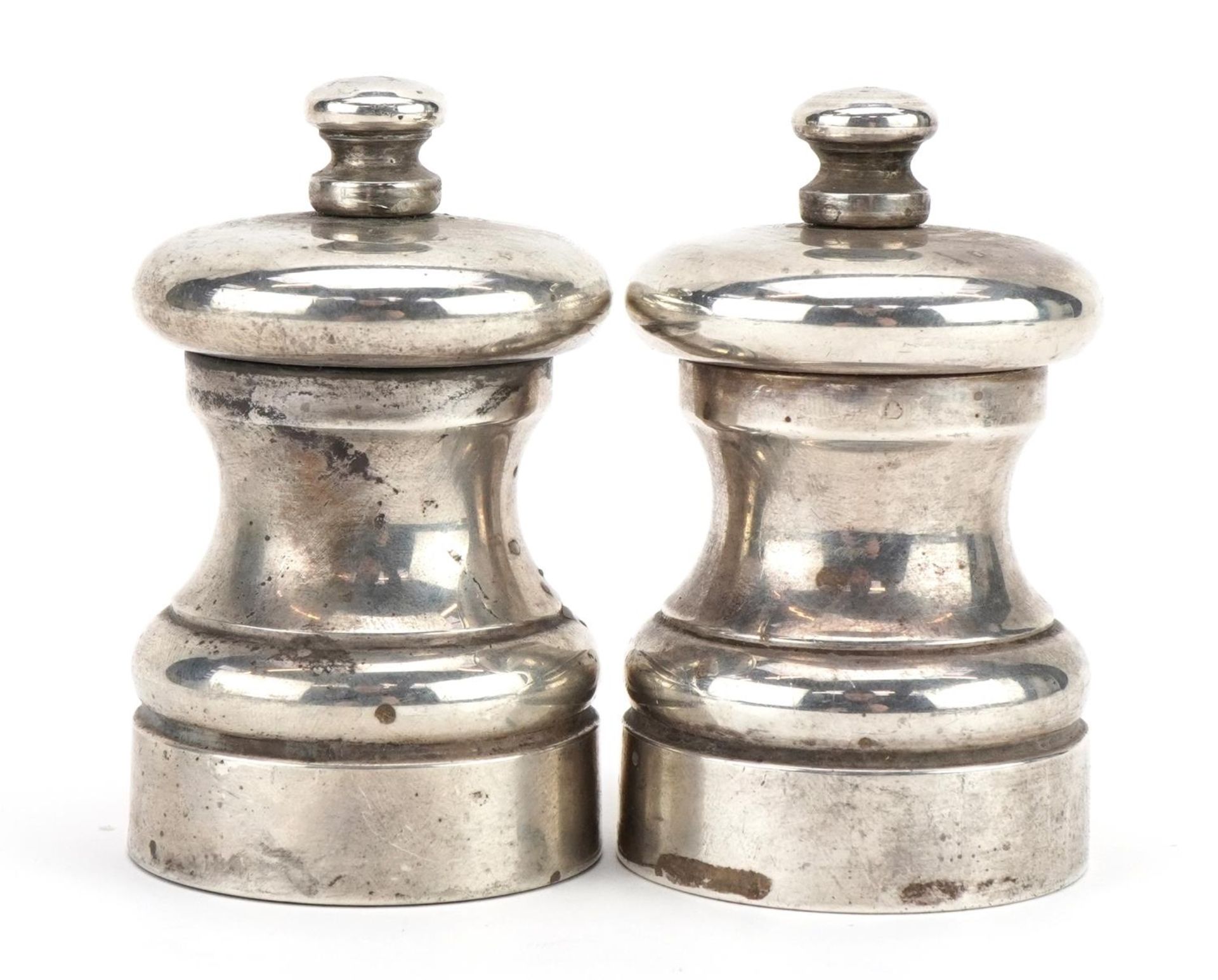 M C Hersey & Son Ltd, pair of silver salt and pepper mills retailed by Peter Piper Park Green,