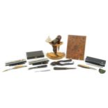 Objects including a Parker Duofold fountain pen with 14ct gold nib, smoking pipes with pipe stand,