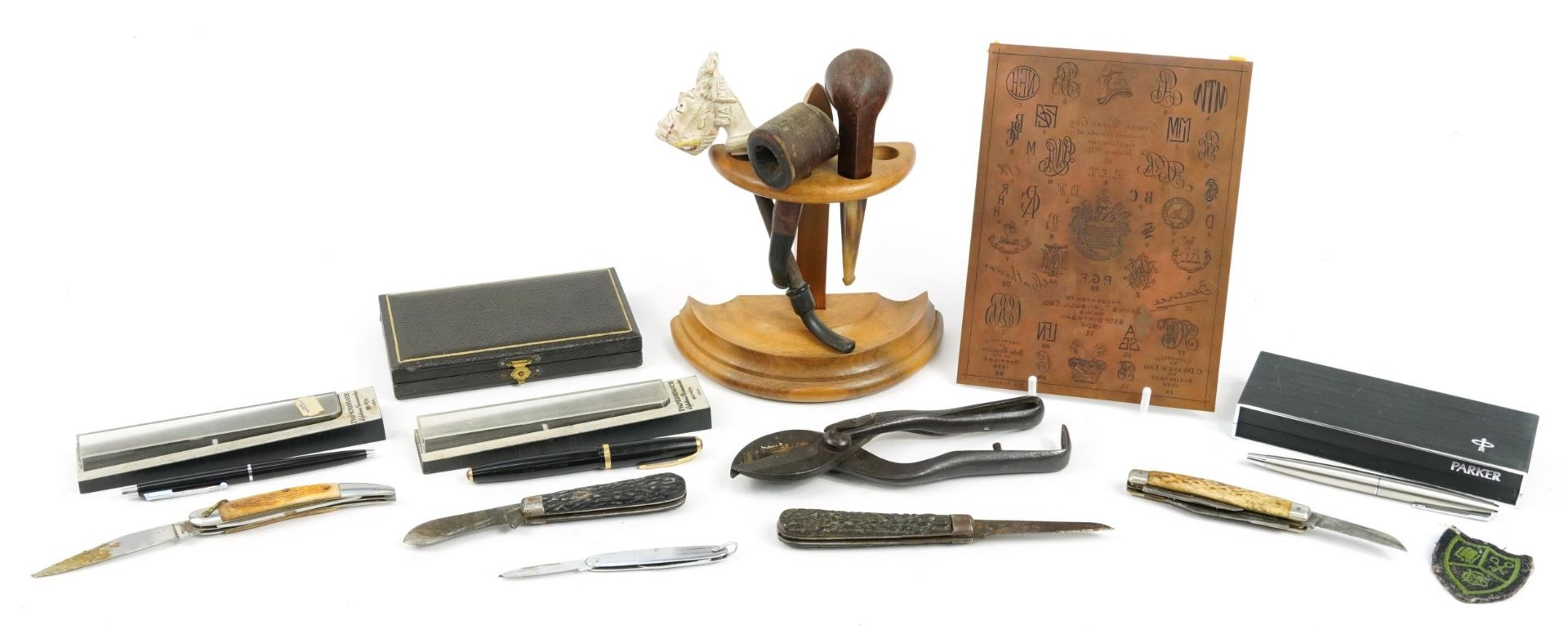 Objects including a Parker Duofold fountain pen with 14ct gold nib, smoking pipes with pipe stand,