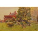 Rural landscape with farm buildings, watercolour, monogrammed B H, W Herbert Yates, Twickenham label