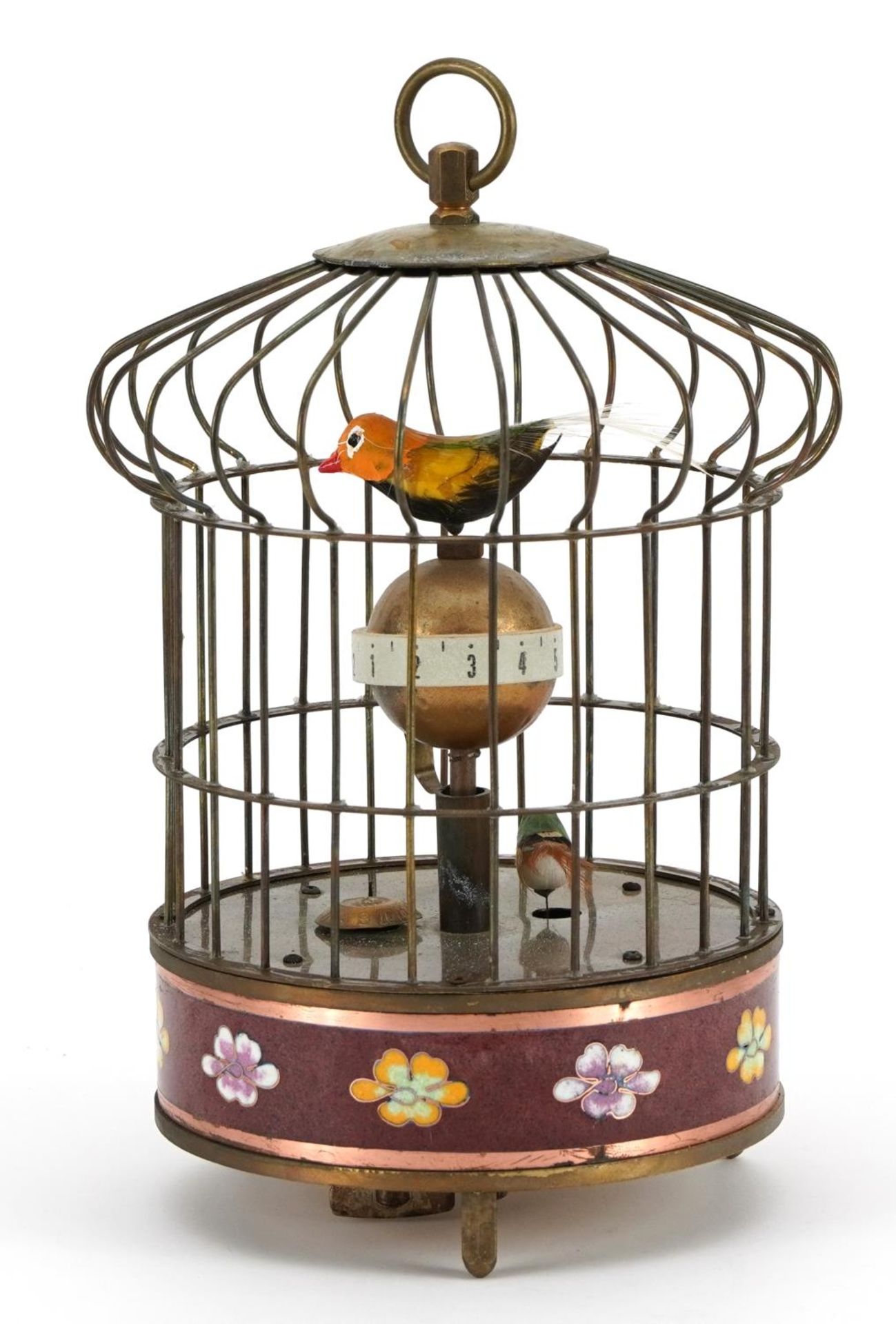 Brass and cloisonne clockwork automaton birdcage with alarm clock, 19.5cm high - Image 2 of 3