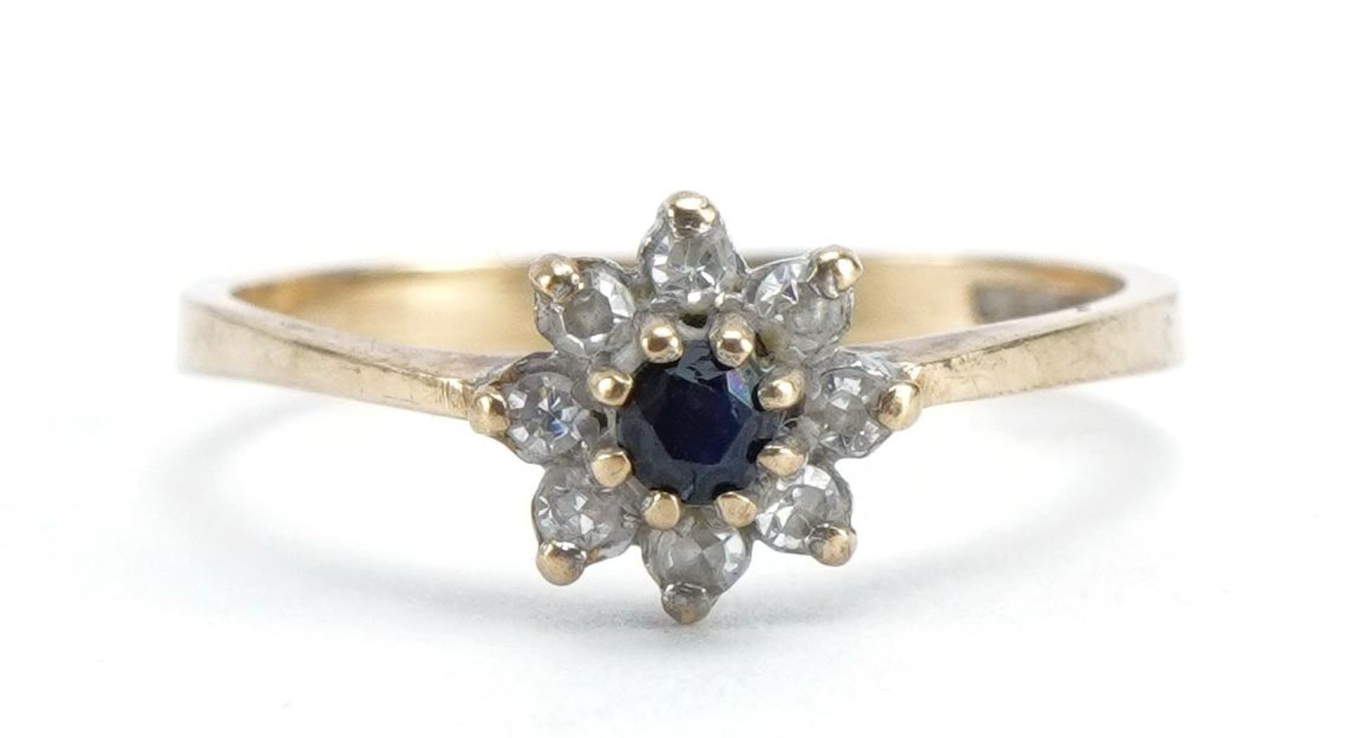 9ct gold sapphire and diamond flower head ring, size M, 1.3g