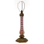 19th century bronze lamp with Bohemian white overlaid cranberry glass column hand painted with