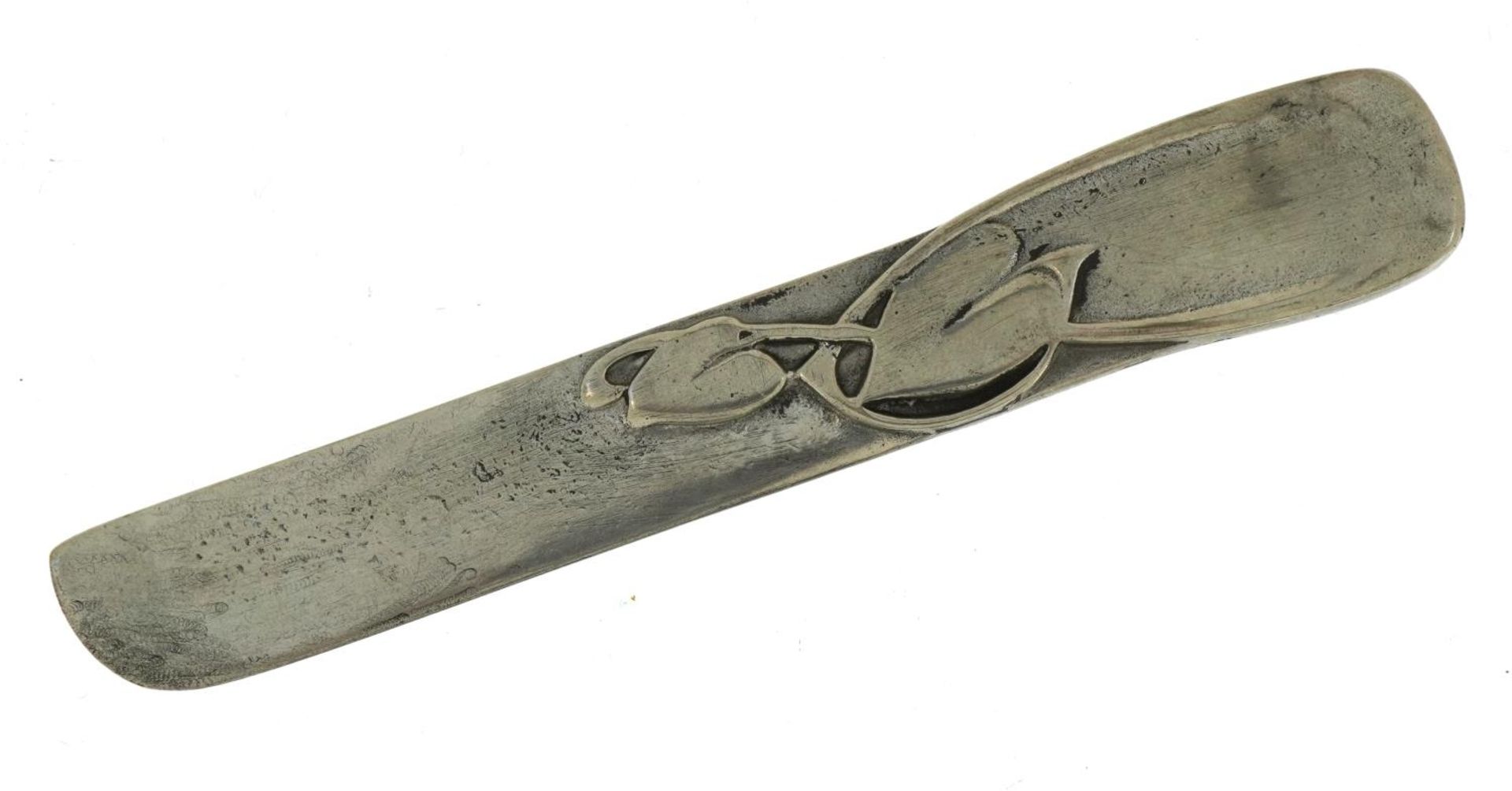 Archibald Knox for Liberty & Co, Arts & Crafts pewter butter knife, 14.5cm in length