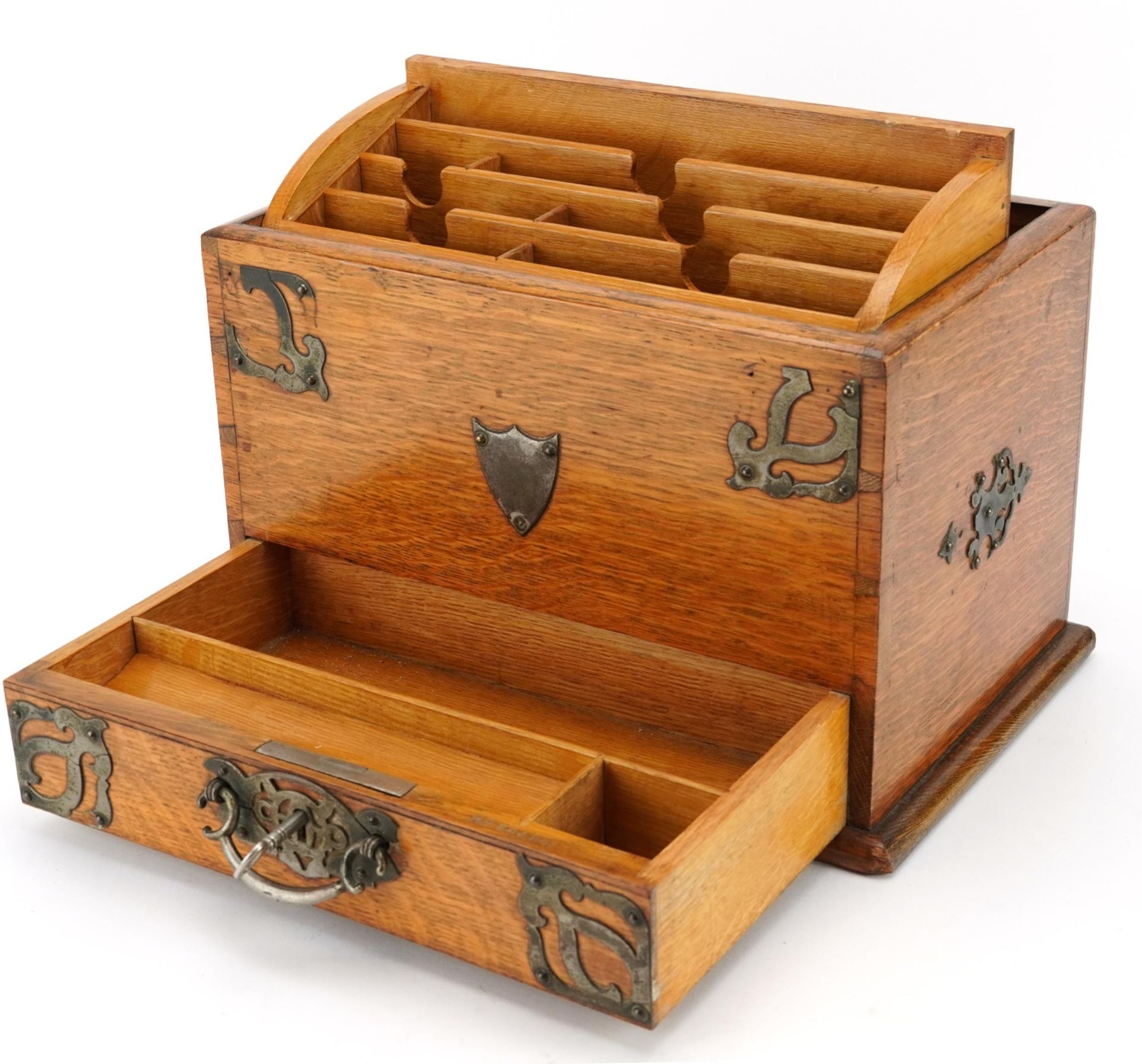 Victorian metal bound oak mechanical action writing box with letter rack and pen tray, impressed - Image 2 of 4