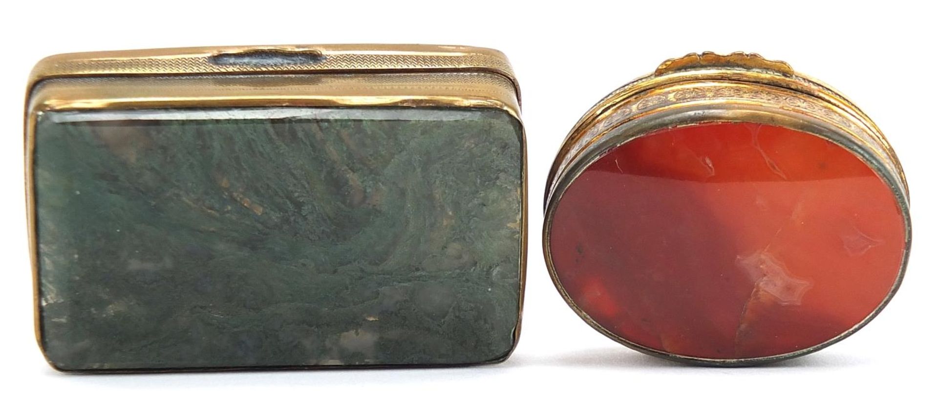 Two brass pill boxes including one with moss agate, the largest 6cm wide - Image 3 of 3