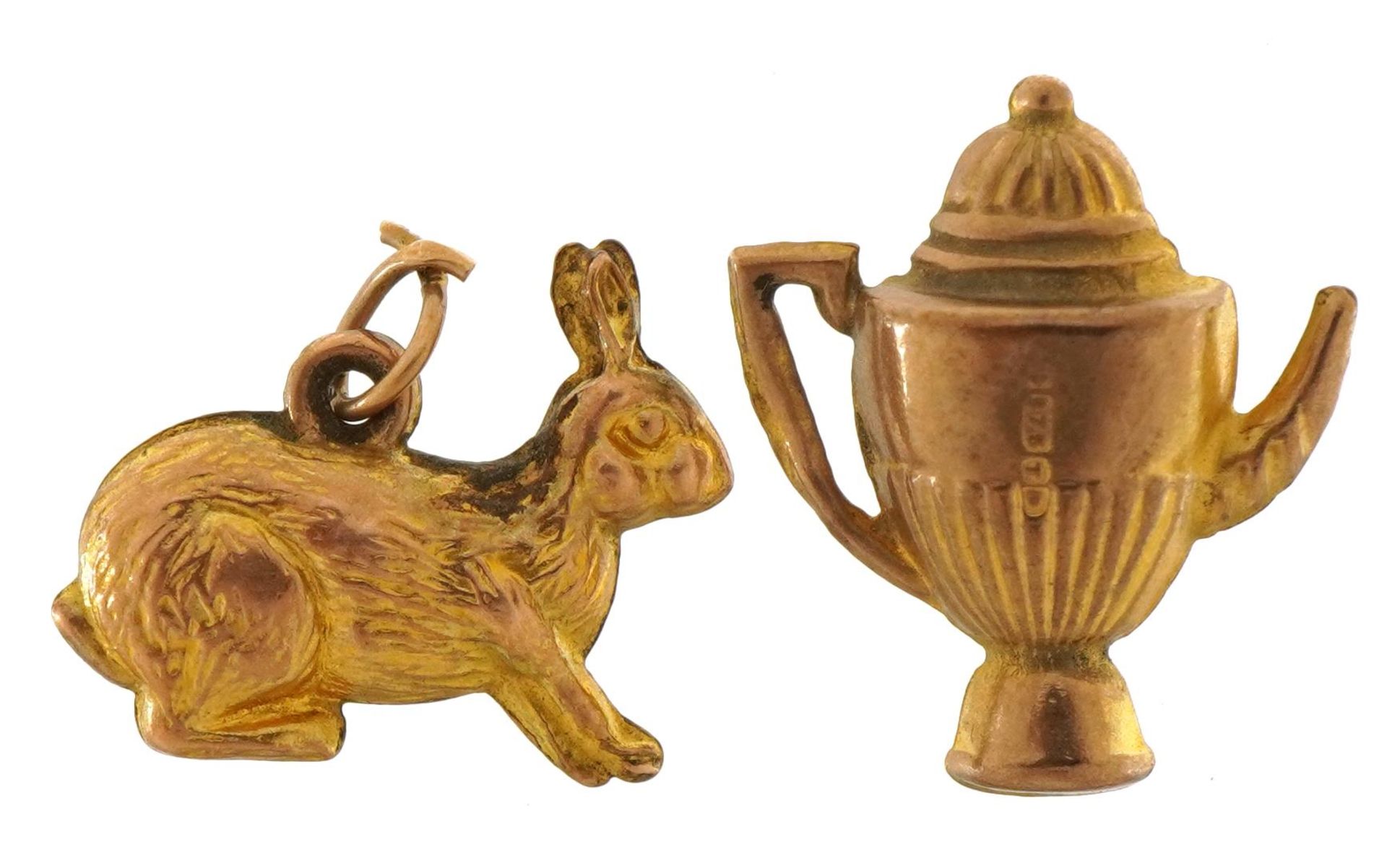 Two 9ct gold charms comprising rabbit and teapot, the largest 1.7cm high, 1.4g