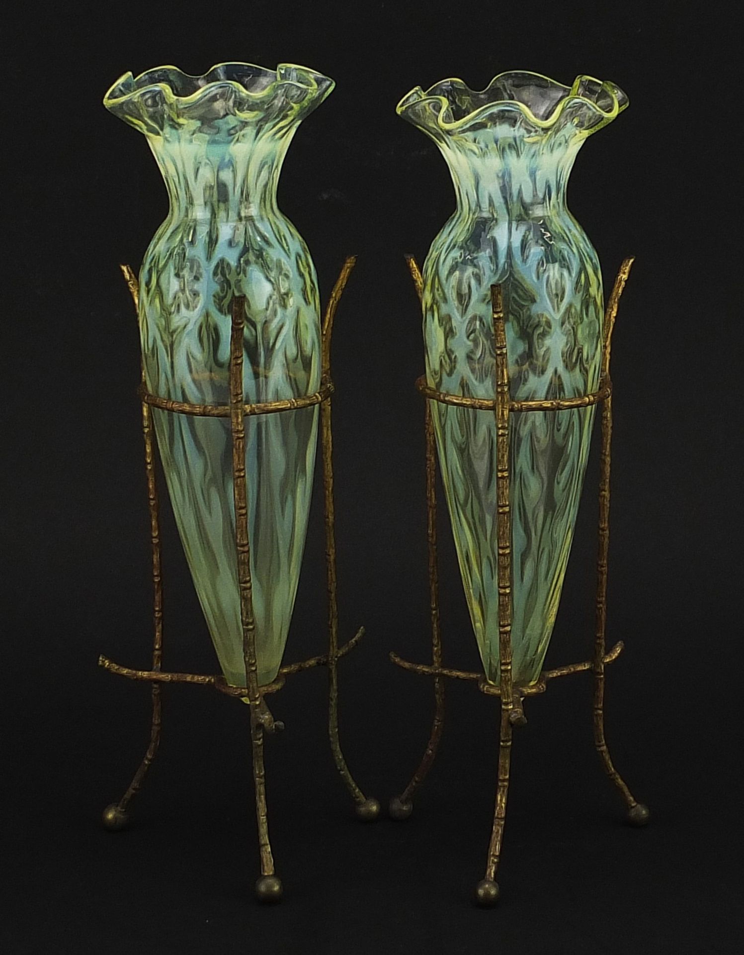 Attributed to James Powell & Sons, pair of Arts & Crafts Vaseline glass vases housed in gilt metal - Image 2 of 6