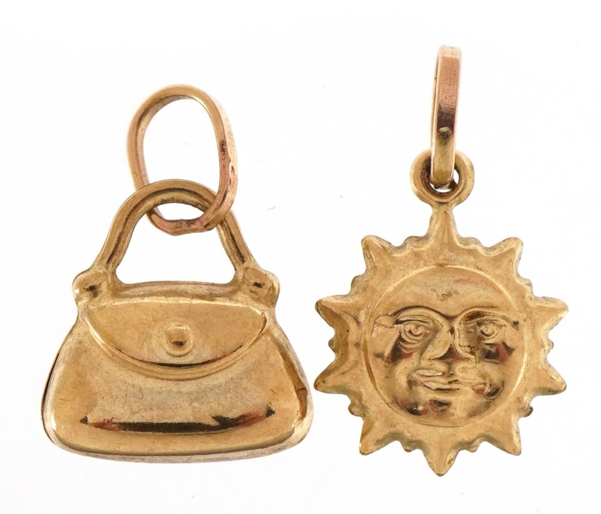 Two 9ct gold charms comprising handbag and sun, the largest 1.4cm high, 1.2g
