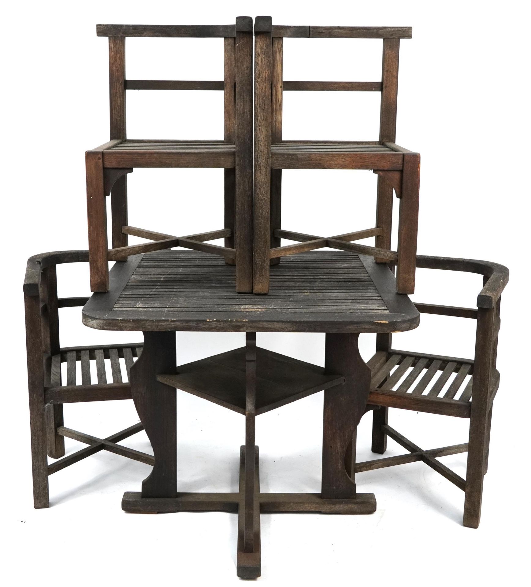 Shipping interest teak garden table and four chairs, made from teak taken from HMS Powerful circa