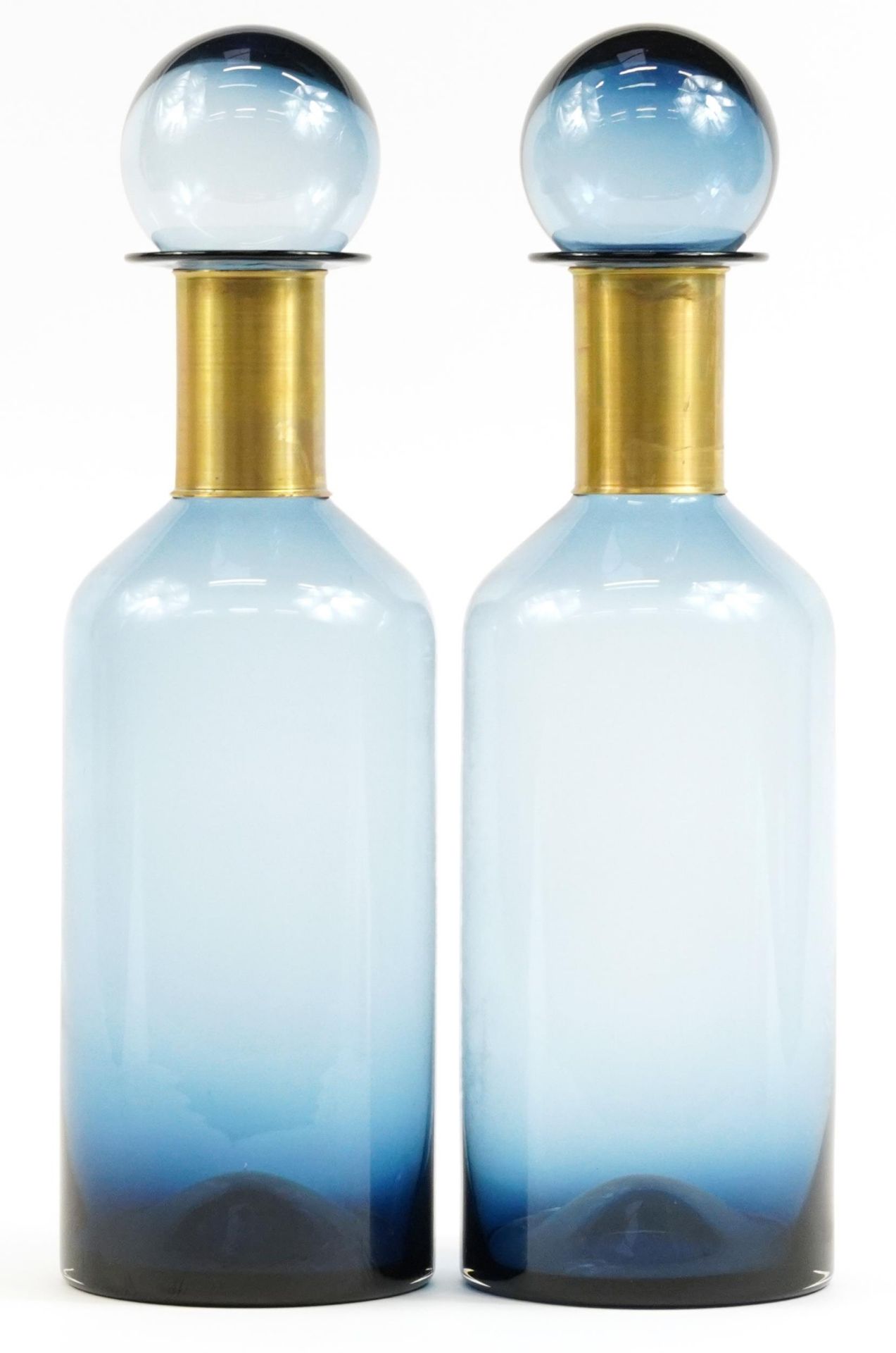 Pair of oversized blue glass display scent bottles with stoppers in the style of Holmegaard, each - Image 2 of 3
