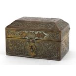 Islamic brass miniature casket with calligraphy, 6cm wide