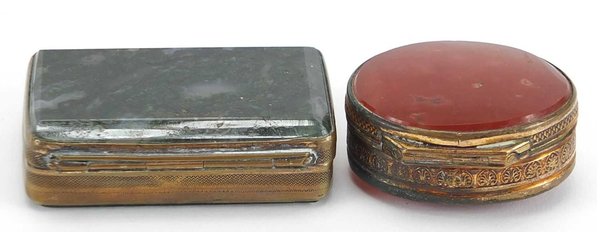 Two brass pill boxes including one with moss agate, the largest 6cm wide - Image 2 of 3