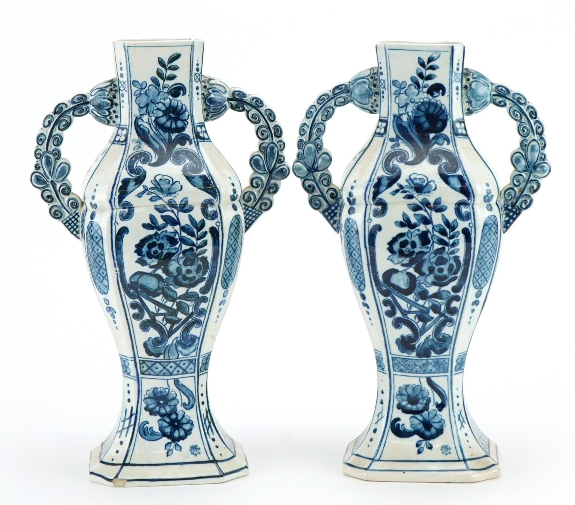 Villeroy & Boch, pair of Dutch Delft tin glazed vases with twin handles hand painted with flowers, - Image 2 of 3
