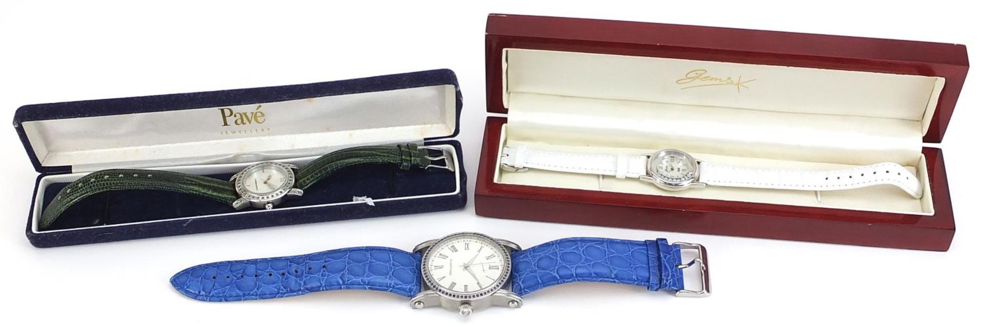 Three ladies wristwatches, one silver, each set with blue sapphires, topaz and aquamarine, with - Image 4 of 6