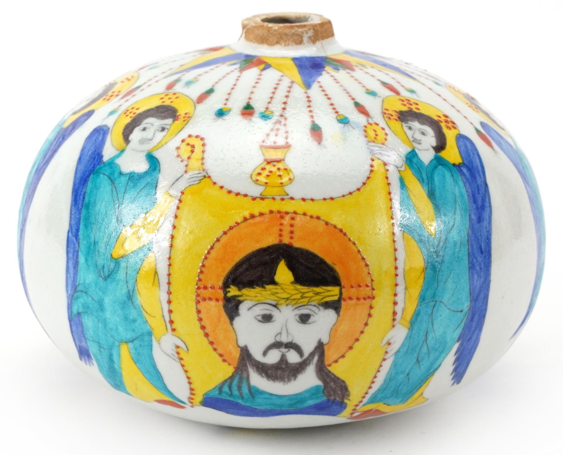 Large Turkish Armenian hanging ball hand painted with Christ and angels, inscribed with