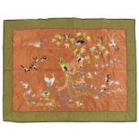 Large Chinese silk panel embroidered with birds of paradise amongst ducklings in water and