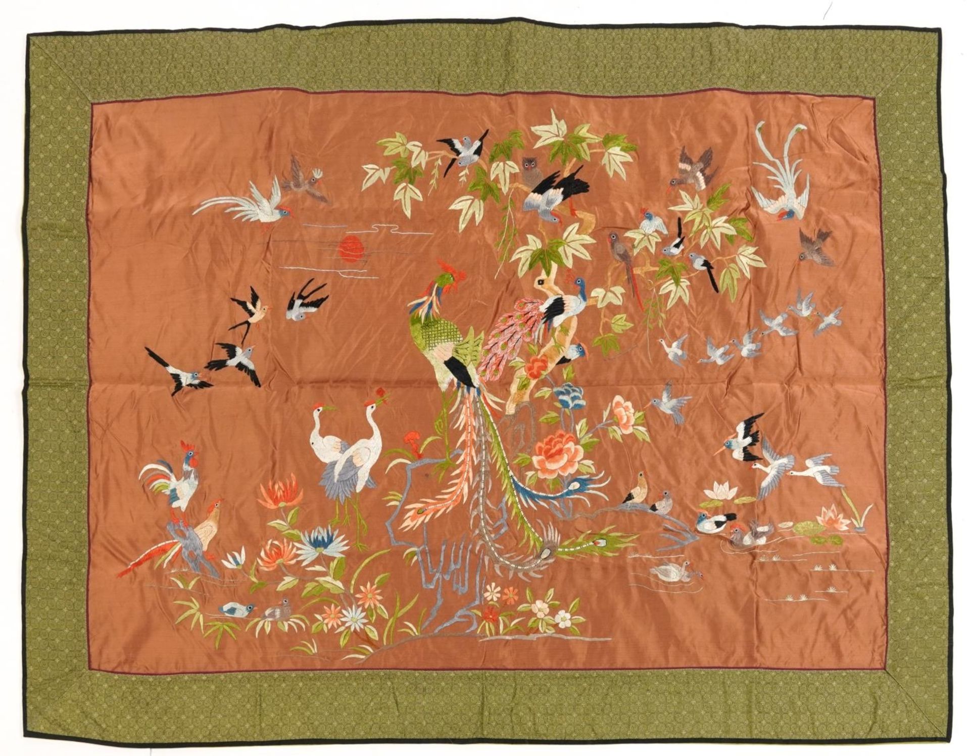 Large Chinese silk panel embroidered with birds of paradise amongst ducklings in water and