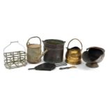 Antique metalware including Victorian copper coal scuttle, copper fire bucket and a bottle