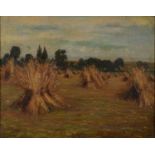 Manner of Henry H Parker - Rural landscape with hayricks, label verso, English school oil on canvas,