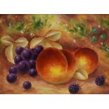 Rectangular porcelain plaque hand painted with fruits and leaves by Royal Worcester artist S