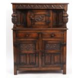 Ipswich oak court cupboard with bulbous supports carved with flower heads, 135cm H x 106cm W x