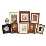 Nine 19th century and later portrait miniatures and silhouettes including two housed in carved