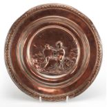 Morel Ladeuil for Elkington & Co, copper charger decorated in relief with a semi nude maiden, 25.5cm
