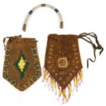Two African tribal interest leather satchels with beadwork decoration and a collar, the satchels