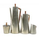 Daalderop, mid century Dutch pewter and teak four place tea and coffee service, the largest 32cm