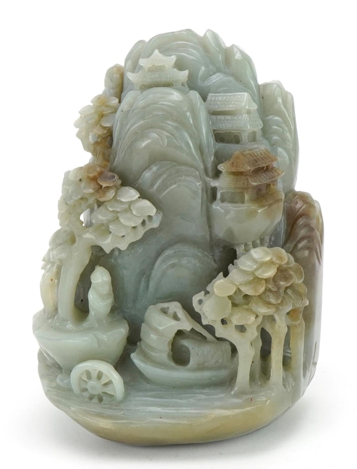 Chinese green and russet jade landscape carving of a fisherman before mountains, 11cm high
