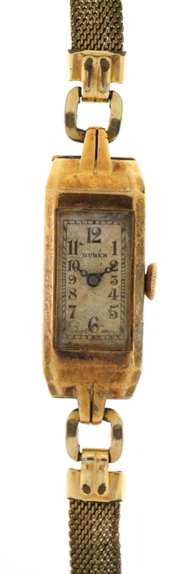 18ct gold ladies Buren wristwatch with gilt metal strap, the case 11mm wide, 13.0g