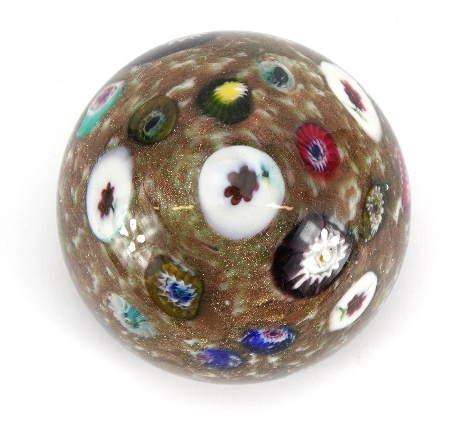 Venetian millefiori glass paperweight with flower canes, approximately 7.5cm in diameter