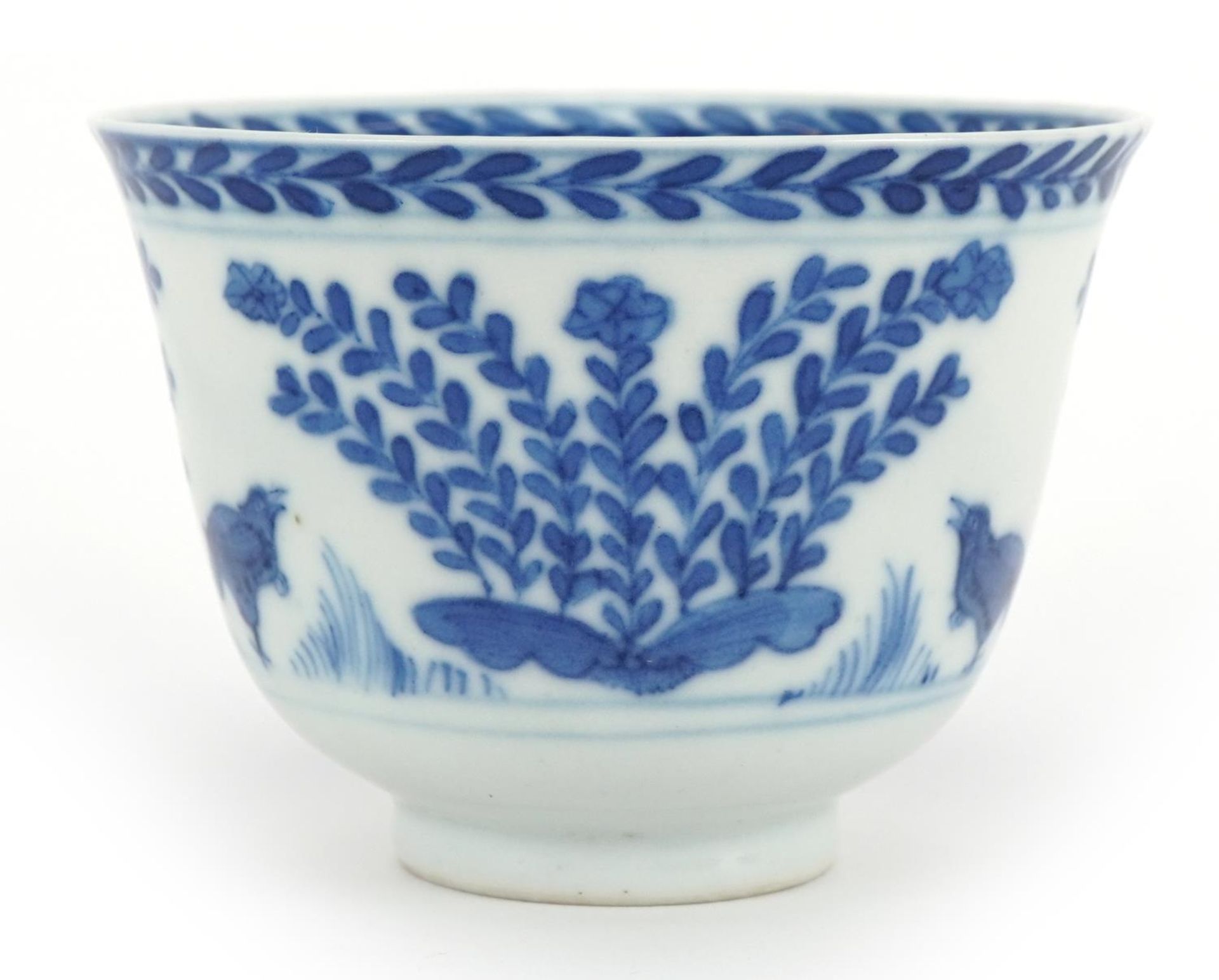 Chinese blue and white porcelain tea bowl finely hand painted with kilns, quail and fish, Kangxi - Image 2 of 4