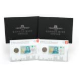 Two London Mint office Sir Winston Churchill remembered coin and bank note sets