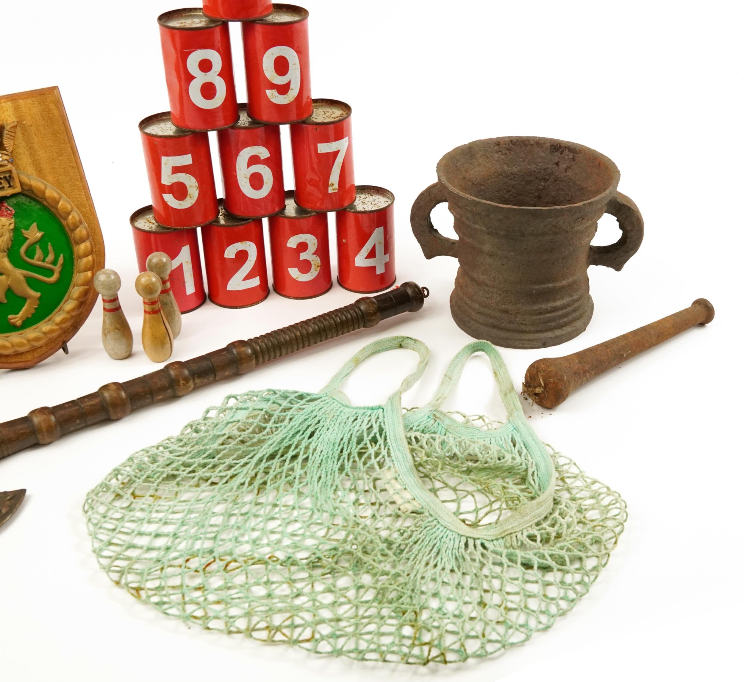 Sundry items comprising medieval style axe, pestle and mortar, Alderney Shipping plaque and skittles - Image 4 of 4