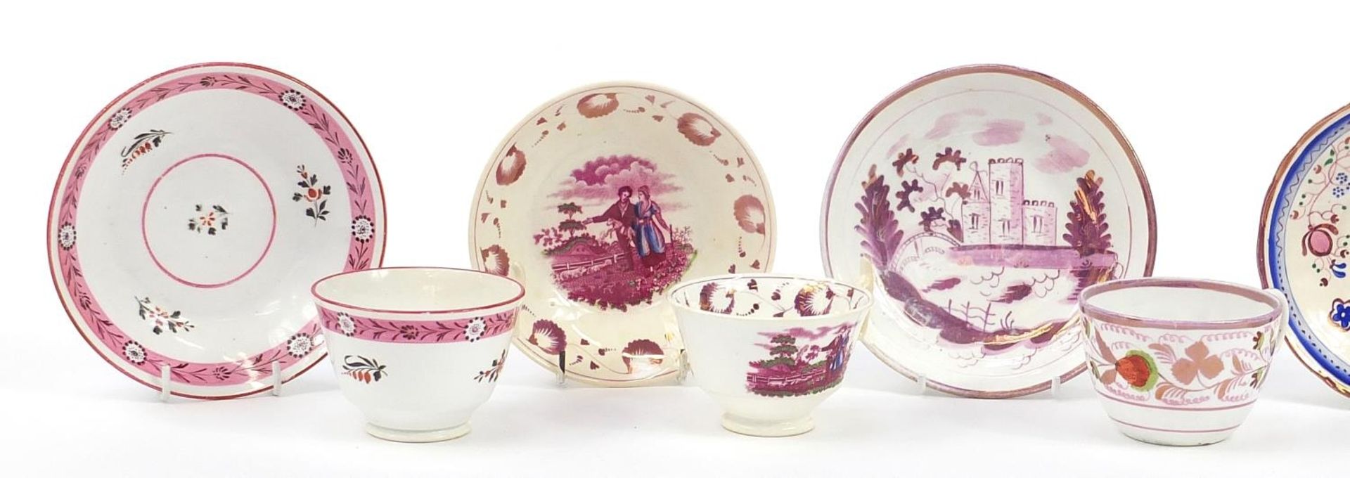 Early 19th century and later teaware comprising five cups with saucers and one other saucer - Image 2 of 3