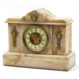 White onyx striking mantle clock with gilt brass mounts, the enamelled chapter ring having Arabic