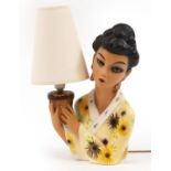1970s hand painted plaster table lamp in the form of an Asian lady holding a pot, impressed